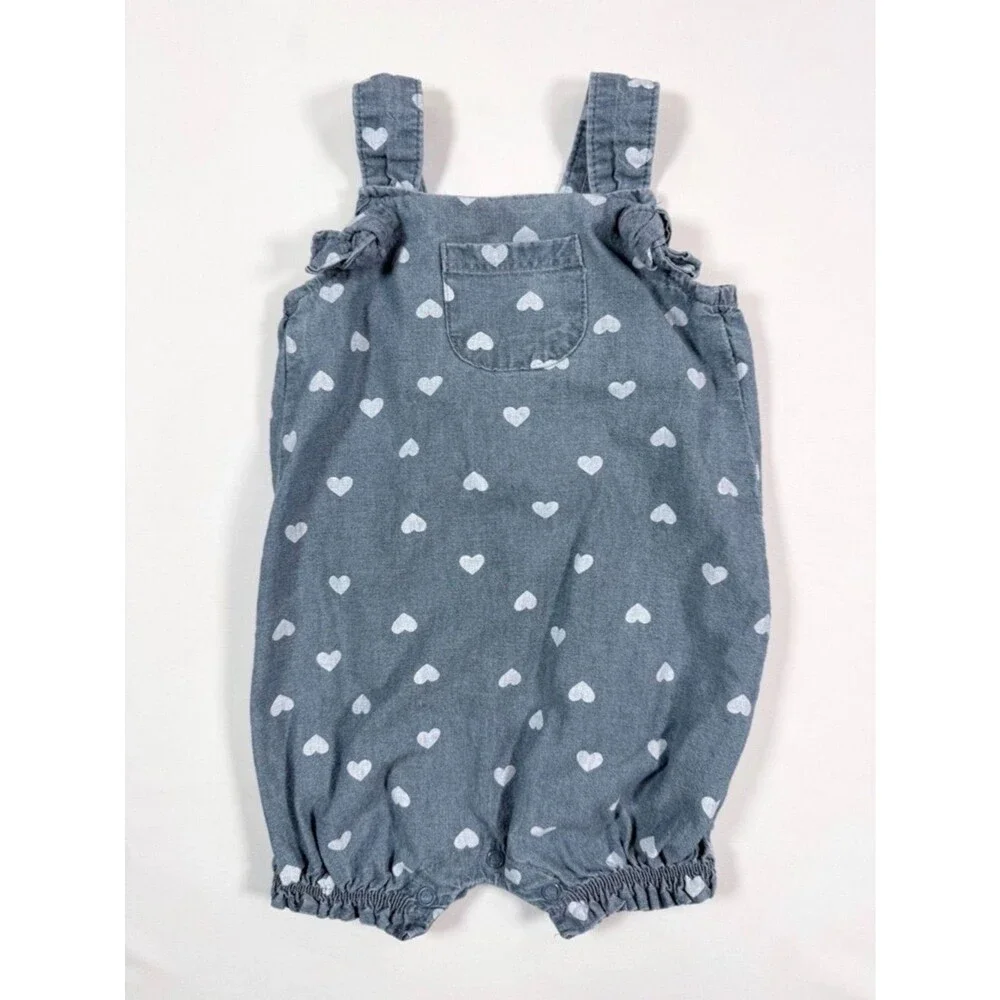 CARTERS Baby Girl Chambray Romper 9M Blue Heart Print Sweet‎ Cottagecore Summer